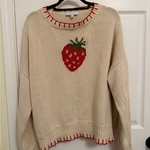 Cream Crewneck Sweater with Strawberry Design